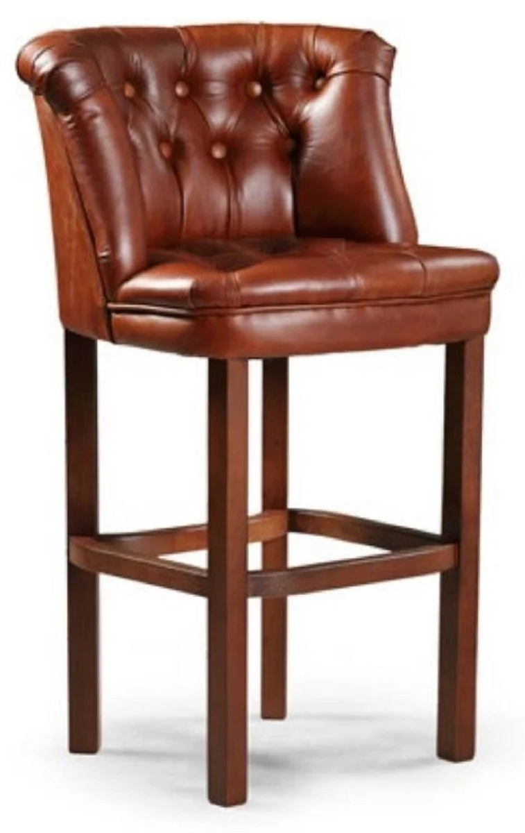 Casa Padrino Luxus Chesterfield Leder Barstuhl 4er Set Braun 63 x 56 x H. 107 cm - Gepolsterte Echtleder Barhocker - Chesterfield Möbel - Chesterfield Barmöbel - Luxus Barmöbel - Echtleder Barmöbel