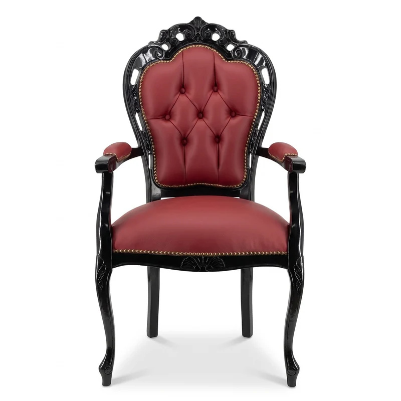 Casa Padrino Luxus Barock Leder Esszimmerstuhl mit Armlehnen Bordeauxrot / Schwarz - Prunkvoller Echtleder Stuhl im Barockstil - Barock Esszimmer Möbel - Luxus Qualität - Made in Italy