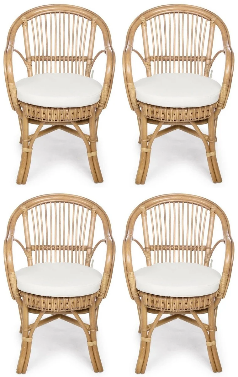 Casa Padrino Luxus Gartenstuhl 4er Set Naturfarben / Weiß 57 x 61 x H. 80 cm - Rattan Stühle mit Armlehnen und Sitzkissen - Moderne Rattan Garten & Terrassen Möbel