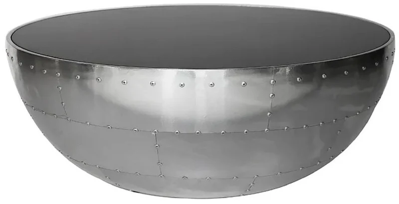 Casa Padrino Luxus Couchtisch Silber / Schwarz Ø 82 x H. 34 cm - Runder Aluminium Wohnzimmertisch mit Glasplatte - Aluminium Flugzeug Flieger Möbel - Wohnzimmer Möbel - Luxus Möbel