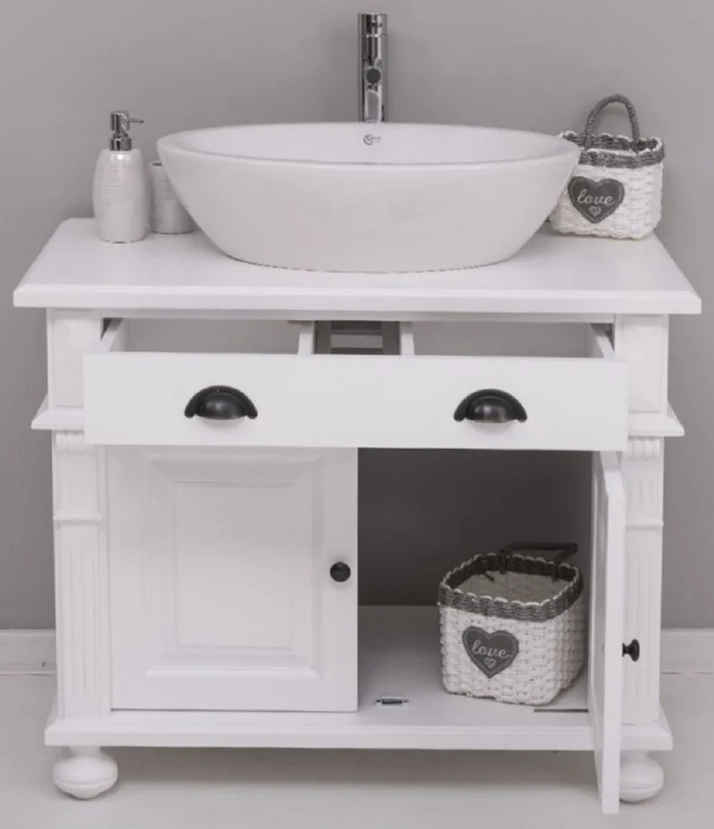 Casa Padrino Landhausstil Badezimmer Set Weiß - 1 Waschbeckenschrank & 1 Ovales Keramik Waschbecken - Badezimmer Möbel im Landhausstil - Landhausstil Möbel - Landhausstil Badezimmer Einrichtung