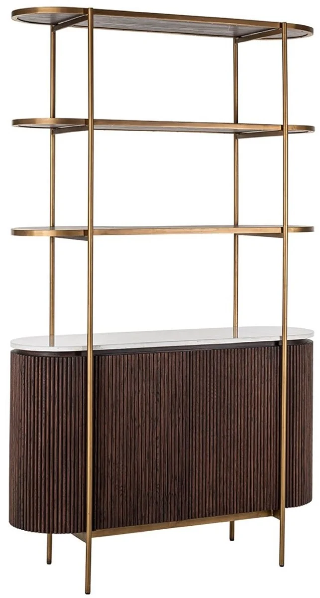 Casa Padrino Luxus Regalschrank Dunkelbraun / Weiß / Messing 120 x 40 x H. 200 cm - Wohnzimmer Möbel - Wohnzimmer Einrichtung - Luxus Möbel - Luxus Einrichtung - Möbel Luxus