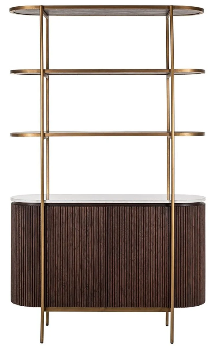 Casa Padrino Luxus Regalschrank Dunkelbraun / Weiß / Messing 120 x 40 x H. 200 cm - Wohnzimmer Möbel - Wohnzimmer Einrichtung - Luxus Möbel - Luxus Einrichtung - Möbel Luxus