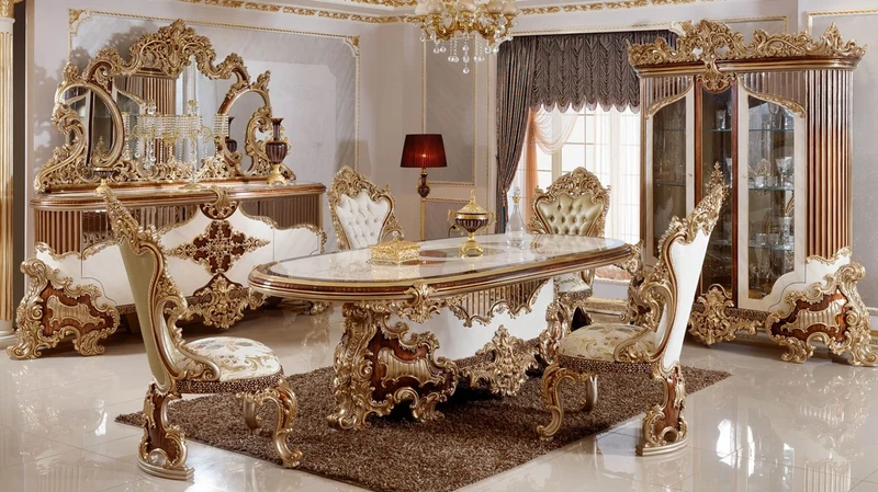 Casa Padrino Luxus Barock Esszimmer Set Weiß / Braun / Gold - 1 Barock Esstisch & 6 Barock Esszimmerstühle - Barock Esszimmer Möbel - Luxus Möbel im Barockstil - Edel & Prunkvoll - Luxus Qualität