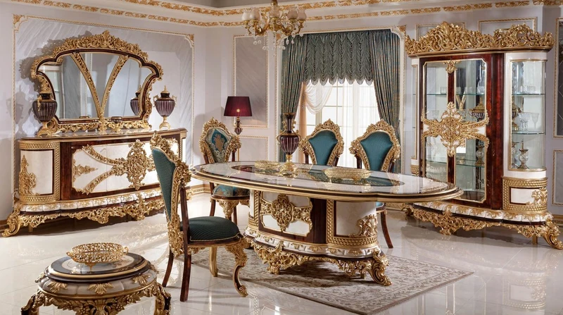 Casa Padrino Luxus Barock Esszimmerstuhl Set Blau / Braun / Gold - Handgefertigtes Küchen Stühle 6er Set mit elegantem Muster - Barock Esszimmer Möbel - Edel & Prunkvoll