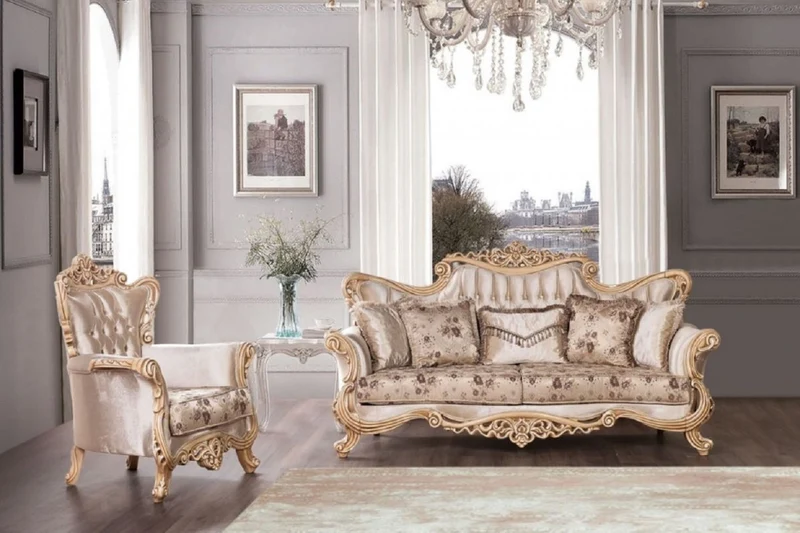 Casa Padrino Luxus Barock Sofa Beige / Braun / Naturfarben - Prunkvolles Wohnzimmer Sofa mit elegantem Muster - Barock Möbel - Edel & Prunkvoll