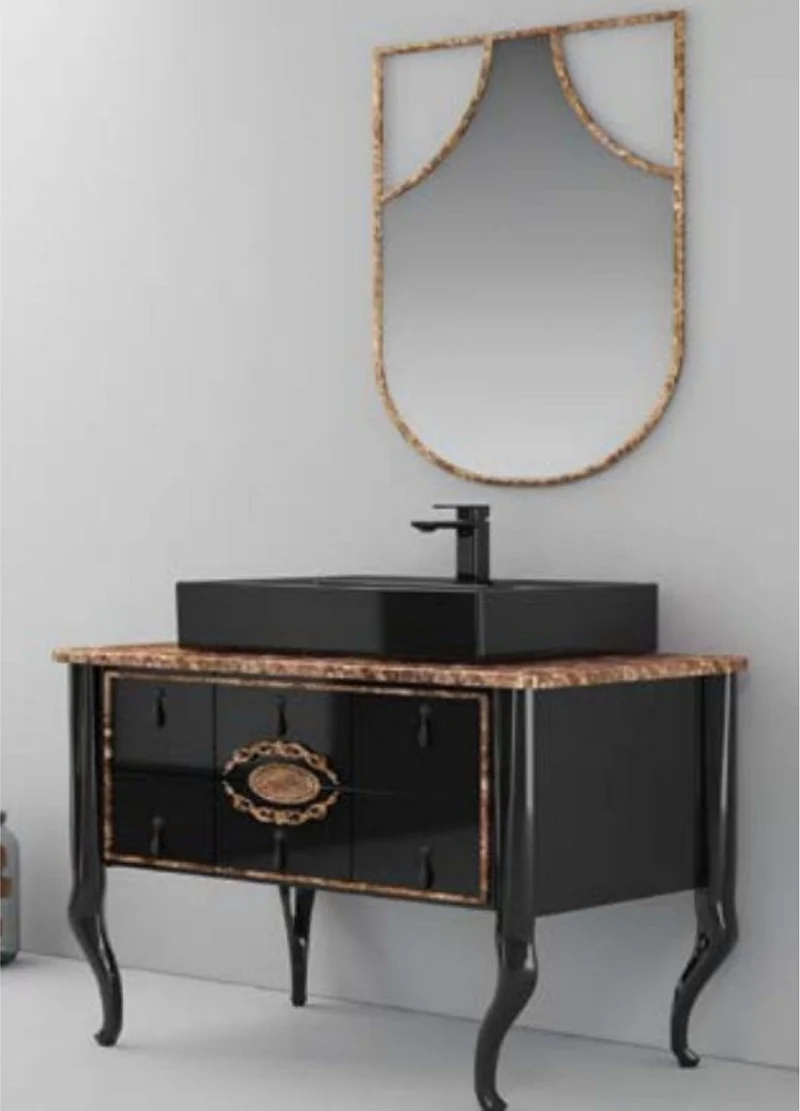 Casa Padrino Luxus Barock Badezimmer Set Hochglanz Schwarz / Braun - 1 Waschtisch & 1 Keramik Waschbecken & 1 Wandspiegel - Badezimmer Möbel im Barockstil - Barock Möbel - Barock Einrichtung