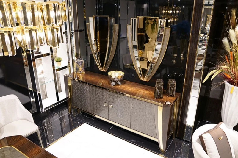 Casa Padrino Luxus Möbel Set Braun / Silber / Gold - 1 Luxus Sideboard mit 4 Türen & 2 Luxus Wandspiegel - Moderne Luxus Möbel