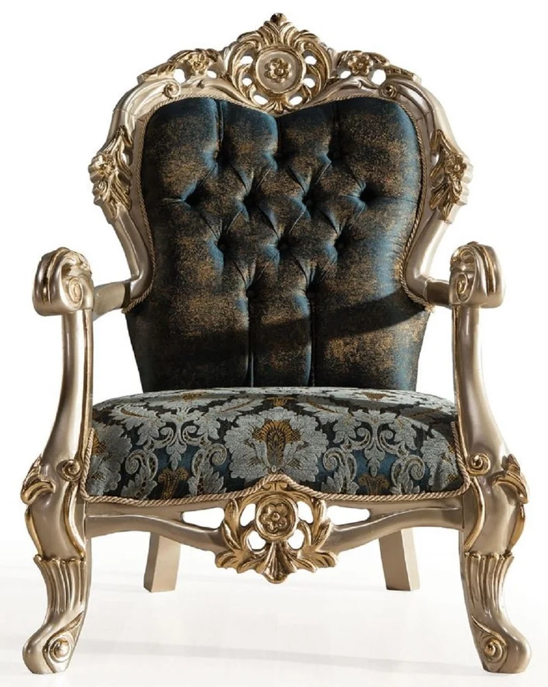Casa Padrino Luxus Barock Sessel Dunkelblau / Türkis / Silber / Gold - Prunkvoller Wohnzimmer Sessel mit elegantem Muster - Barock Wohnzimmer Möbel