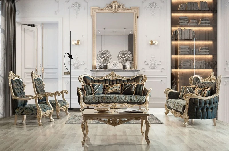 Casa Padrino Luxus Barock Sessel Dunkelblau / Türkis / Silber / Gold - Prunkvoller Wohnzimmer Sessel mit elegantem Muster - Barock Wohnzimmer Möbel