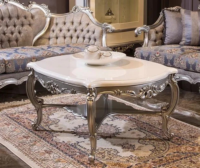 Casa Padrino Luxus Barock Wohnzimmer Set Grau / Blau / Silber - 2 Barock Sofas & 2 Barock Sessel & 1 Barock Couchtisch - Wohnzimmer Möbel im Barockstil - Barock Möbel - Barock Einrichtung