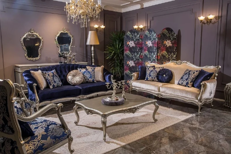 Casa Padrino Luxus Barock Wohnzimmer Set Blau / Rosa / Silber - 2 Barock Sofas & 2 Barock Sessel & 1 Barock Couchtisch - Wohnzimmer Möbel im Barockstil - Barock Möbel - Barock Einrichtung