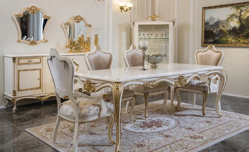 Casa Padrino Luxus Barock Esszimmer Stuhl Set Rosa / Weiß / Gold - Handgefertigtes Küchen Stühle 6er Set - Barockstil Esszimmer Möbel - Barock Möbel - Edel & Prunkvoll