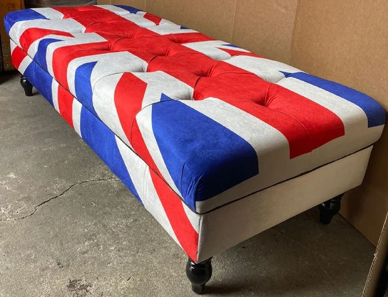 Casa Padrino Chesterfield Sitzbank mit England UK Flagge 160 x 65 x H. 43 cm - Chesterfield Wohnzimmer Bank - Chesterfield Wohnzimmer Möbel
