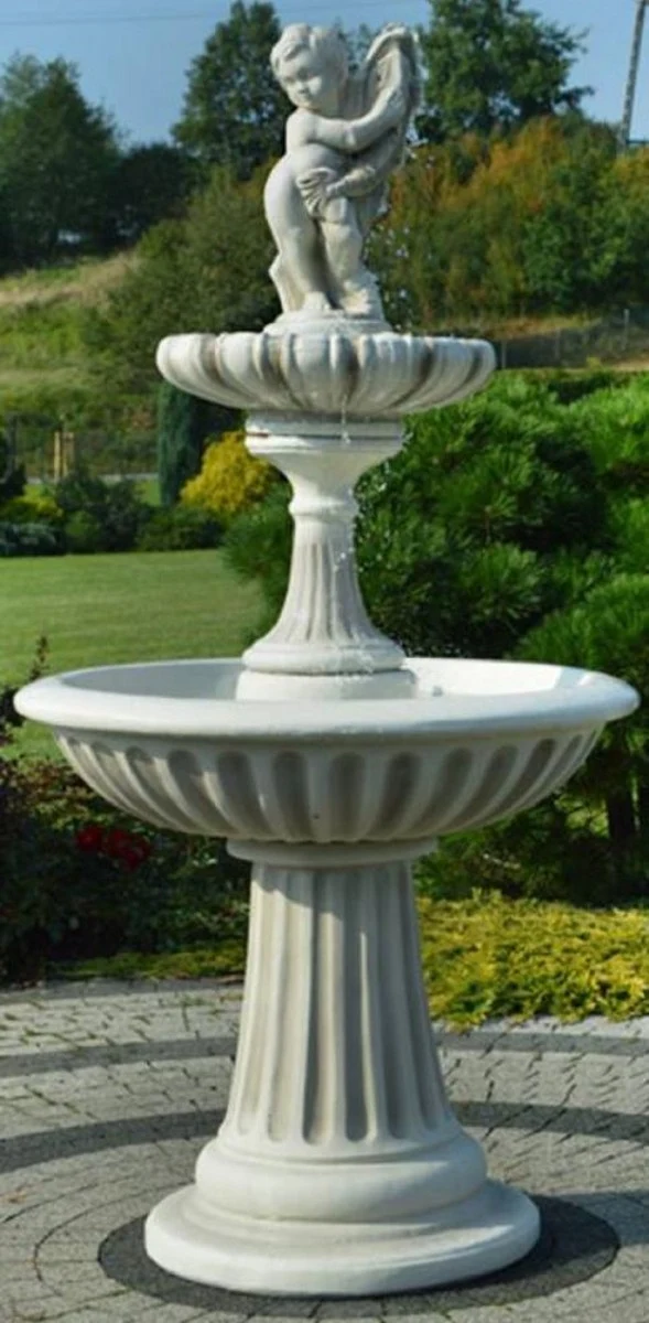 Casa Padrino Jugendstil Springbrunnen Junge mit Fisch Grau Ø 92 x H. 185 cm - Prunkvoller Gartenbrunnen - Gartendeko Brunnen - Barock & Jugendstil Garten Deko Accessoires