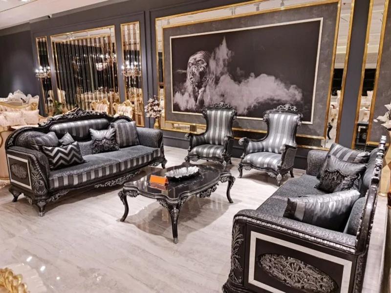 Casa Padrino Luxus Barock Sofa Silber / Grau / Schwarz / Silber - Prunkvolles Wohnzimmer Sofa - Barock Wohnzimmer Möbel - Edel & Prunkvoll