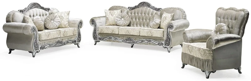 Casa Padrino Luxus Barock Sofa Grau / Creme / Silber / Schwarz - Prunkvolles Wohnzimmer Sofa mit elegantem Muster und Glitzersteinen - Luxus Wohnzimmer Möbel im Barockstil - Barock Möbel