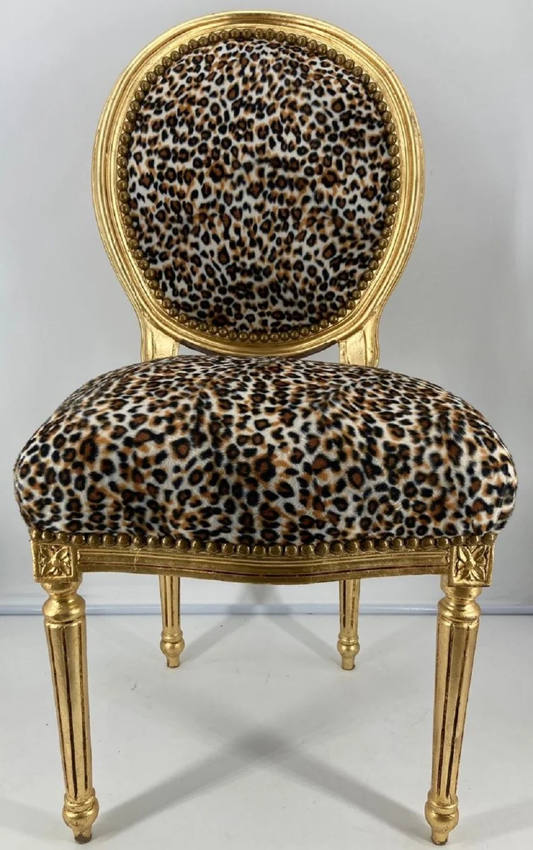 Casa Padrino Barock Esszimmer Stuhl Medaillon Leopard / Gold - Handgefertigter Massivholz Antik Stil Küchen Stuhl mit Muster - Barock Esszimmer Möbel