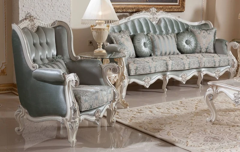 Casa Padrino Luxus Barock Sofa Grün / Beige / Weiß / Silber - Prunkvolles Wohnzimmer Sofa mit elegantem Muster - Barock Möbel - Luxus Wohnzimmer Möbel im Barockstil - Edel & Prunkvoll