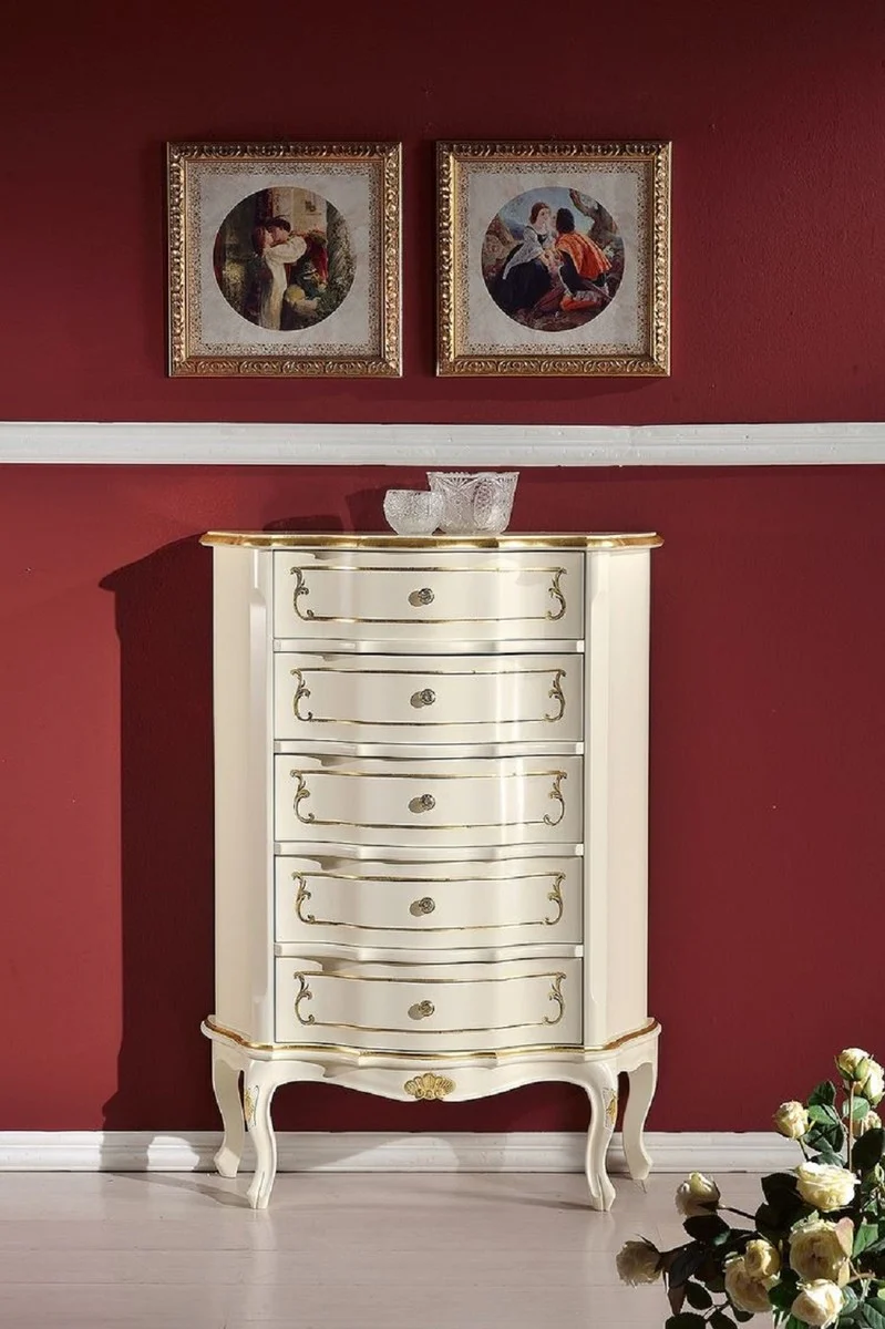 Casa Padrino Luxus Barock Kommode Creme / Gold - Handgefertigte Barockstil Massivholz Kommode mit 5 Schubladen - Handgefertigte italienische Barock Möbel - Luxus Qualität - Made in Italy