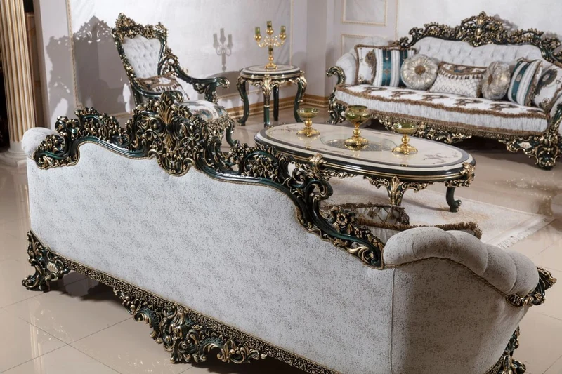 Casa Padrino Luxus Barock Couchtisch Beige / Weiß / Grün / Gold - Prunkvoller Massivholz Wohnzimmertisch mit Glasplatte - Barock Wohnzimmer Möbel - Edel & Prunkvoll