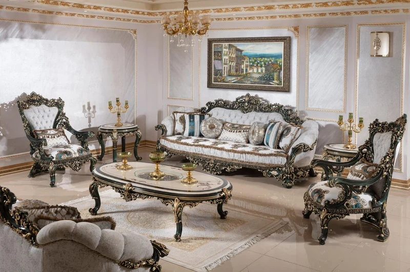 Casa Padrino Luxus Barock Couchtisch Beige / Weiß / Grün / Gold - Prunkvoller Massivholz Wohnzimmertisch mit Glasplatte - Barock Wohnzimmer Möbel - Edel & Prunkvoll