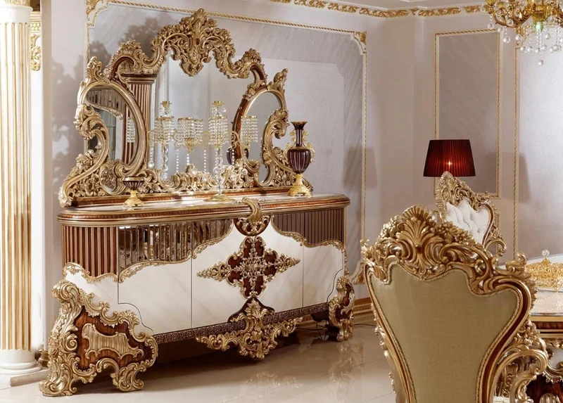 Casa Padrino Luxus Barock Möbel Set Weiß / Braun / Gold - 1 Barock Sideboard mit 4 Türen & 1 Barock Wandspiegel - Handgefertigte Barock Möbel - Edel & Prunkvoll