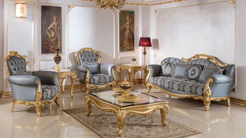 Casa Padrino Luxus Barock Sessel Blau / Gold - Handgefertigter Barockstil Wohnzimmer Sessel mit elegantem Muster - Barock Wohnzimmer Möbel - Edel & Prunkvoll