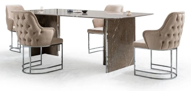 Casa Padrino Luxus Marmor Esstisch Braun / Silber 220 x 110 x H. 75 cm - Rechteckiger Marmor Küchentisch - Esszimmer Möbel - Marmor Möbel - Luxus Möbel - Esszimmer Einrichtung - Luxus Einrichtung