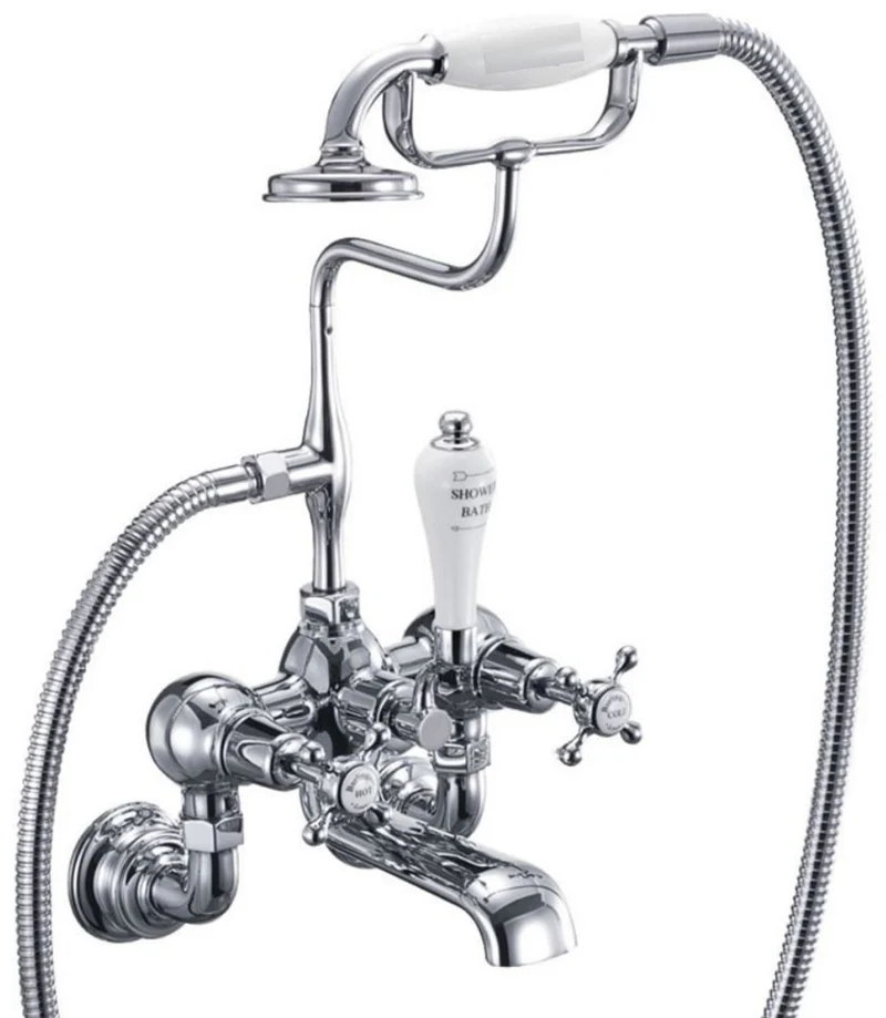 Casa Padrino Luxus Jugendstil Aufputz Badewannenarmatur Silber / Weiß H. 46,95 cm - Nostalgische Messing Badewannen Armatur mit Handbrause - Nostalgisches Badezimmer Zubehör