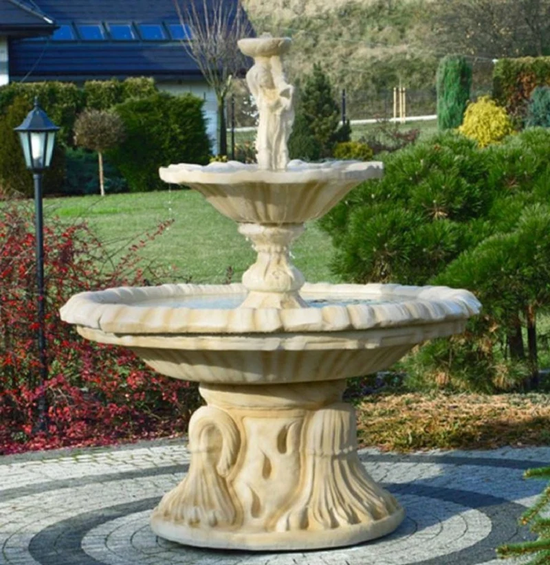 Casa Padrino Jugendstil Springbrunnen Frau mit Schüssel Sandfarben Ø 155 x H. 190 cm - Prunkvoller Gartenbrunnen - Gartendeko Brunnen - Barock & Jugendstil Garten Deko Accessoires