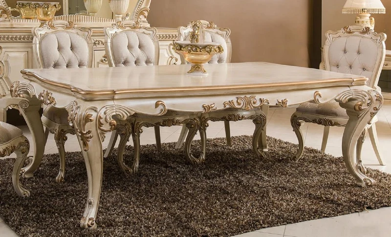 Casa Padrino Luxus Barock Esstisch Cremefarben / Gold - Prunkvoller Massivholz Esszimmertisch im Barockstil - Prunkvolle Barock Esszimmer Möbel