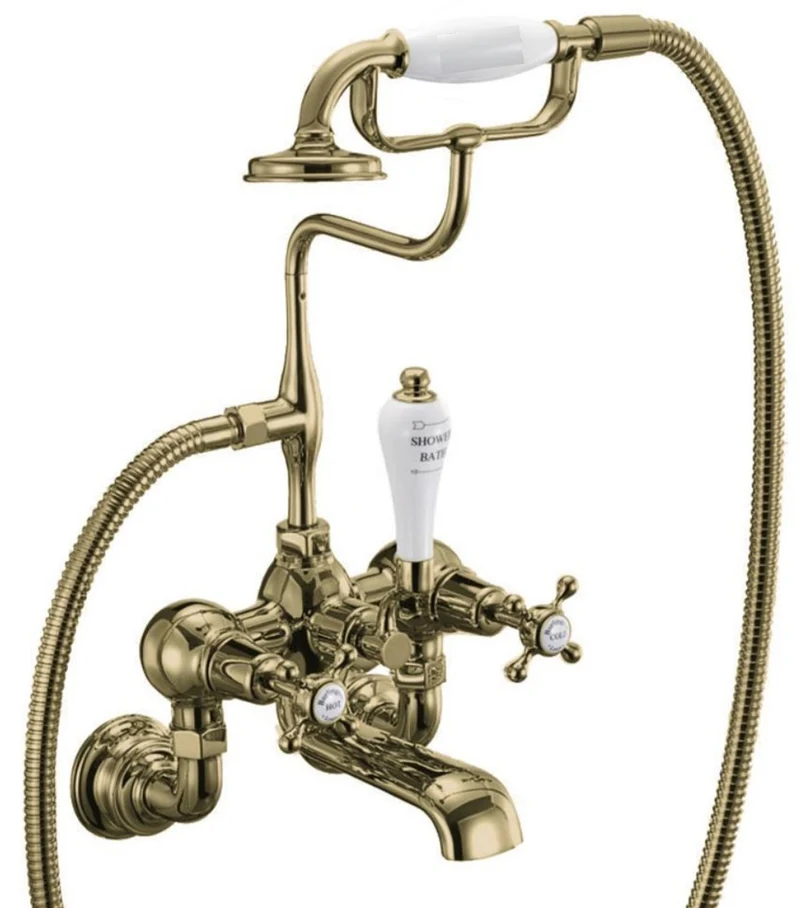 Casa Padrino Luxus Jugendstil Aufputz Badewannenarmatur Gold / Weiß H. 46,95 cm - Nostalgische Messing Badewannen Armatur mit Handbrause - Nostalgisches Badezimmer Zubehör