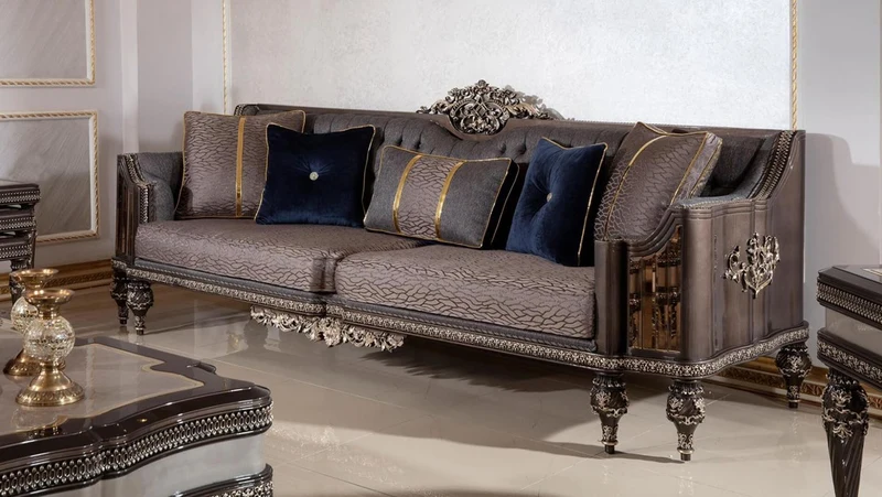 Casa Padrino Luxus Barock Sofa Grau / Dunkelbraun / Gold - Prunkvolles Wohnzimmer Sofa mit elegantem Muster - Barock Wohnzimmer & Hotel Möbel - Edel & Prunkvoll