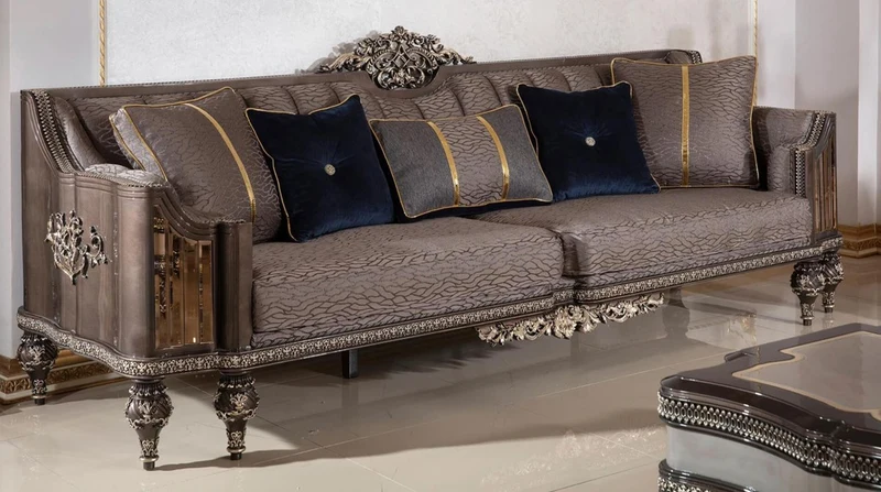 Casa Padrino Luxus Barock Sofa Grau / Dunkelbraun / Gold - Prunkvolles Wohnzimmer Sofa mit elegantem Muster - Barock Wohnzimmer & Hotel Möbel - Edel & Prunkvoll