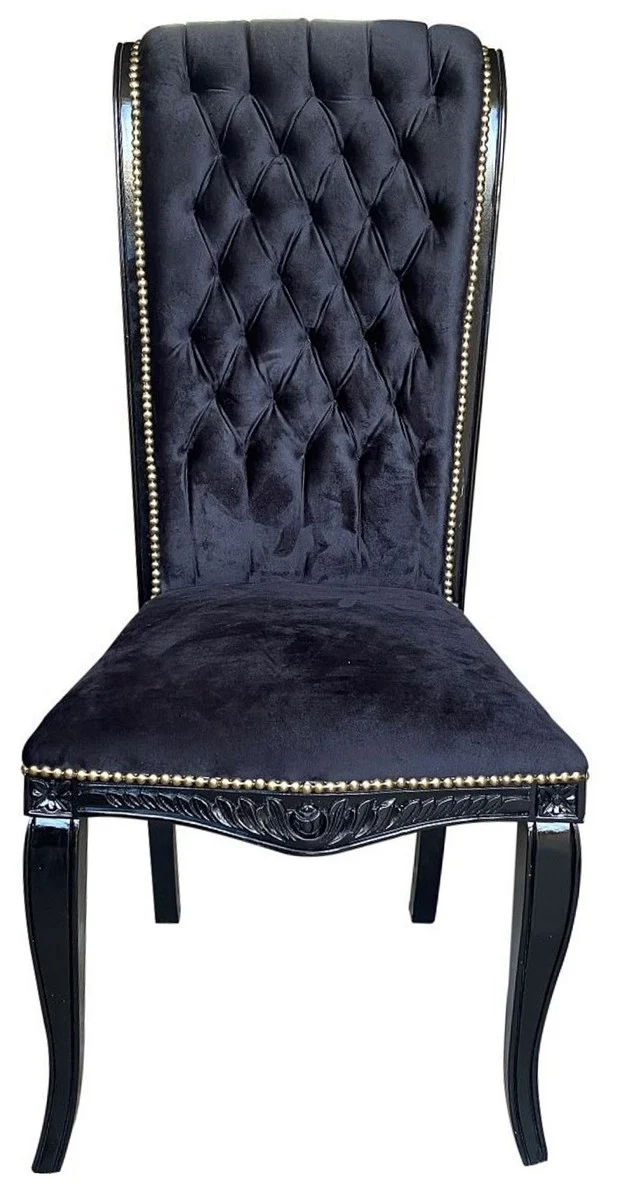 Casa Padrino Luxus Barock Hochlehn Esszimmer Stuhl Schwarz / Schwarz - Handgefertigter Antik Stil Stuhl mit edlem Samtstoff - Esszimmer Möbel im Barockstil