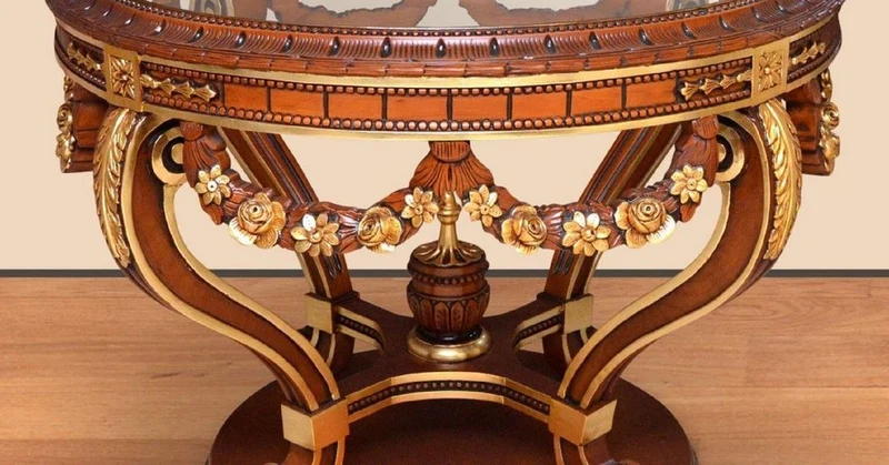 Casa Padrino Barock Konferenztisch Braun / Gold - Runder Massivholz Büro Tisch mit Glasplatte - Barock Büro Möbel - Edel & Prunkvoll