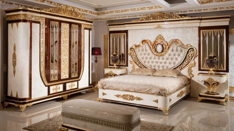 Casa Padrino Luxus Barock Schlafzimmer Set Gold / Weiß / Braun / Gold - 1 Doppelbett mit Kopfteil & 2 Nachtkommoden - Schlafzimmer Möbel im Barockstil - Edel & Prunkvoll