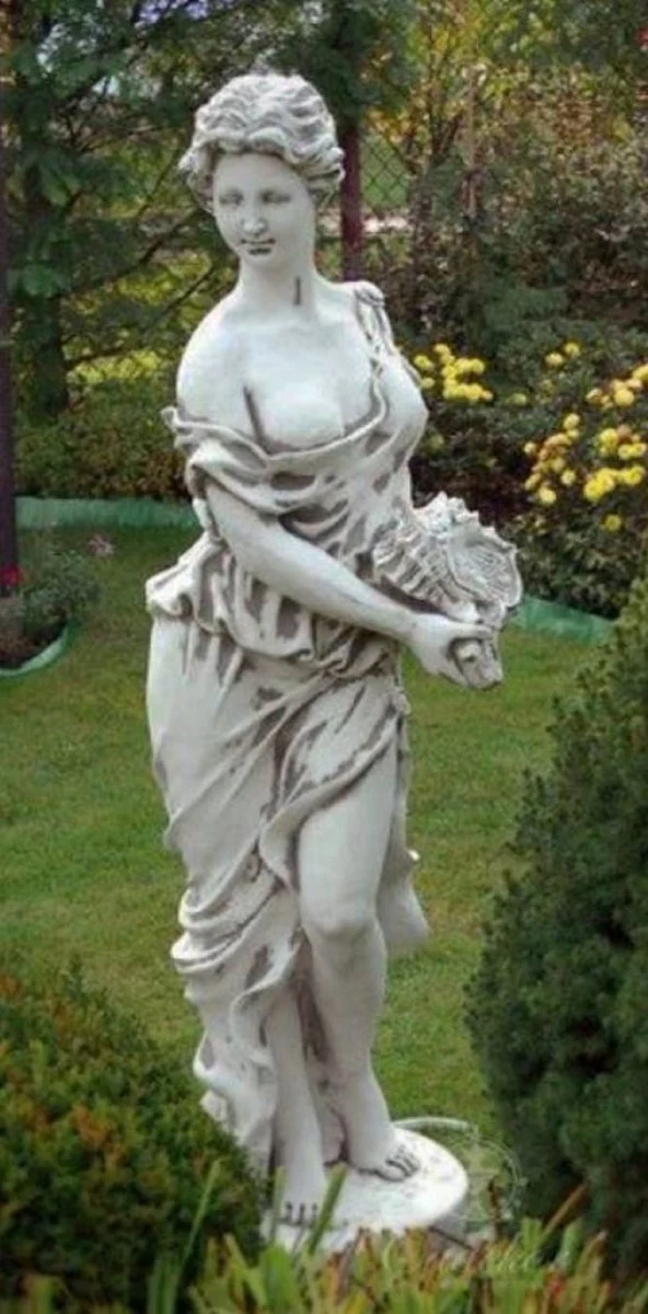 Casa Padrino Jugendstil Garten Deko Skulptur Frau mit Muschel Grau 44 x 44 x H. 138 cm - Elegante Garten Deko Stein Figur - Barock & Jugendstil Garten Deko Accessoires