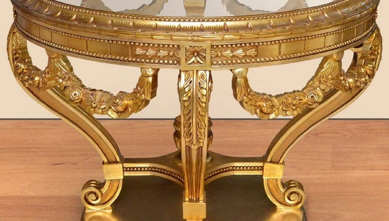 Casa Padrino Barock Konferenztisch Gold - Runder Massivholz Büro Tisch mit Glasplatte - Barock Büro Möbel - Edel & Prunkvoll