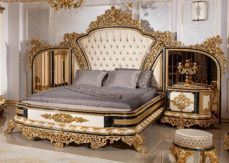 Casa Padrino Luxus Barock Doppelbett Gold / Weiß / Blau / Gold - Prunkvolles Massivholz Bett mit verspiegeltem Kopfteil - Schlafzimmer Möbel im Barockstil - Edel & Prunkvoll