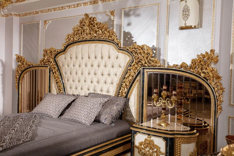 Casa Padrino Luxus Barock Doppelbett Gold / Weiß / Blau / Gold - Prunkvolles Massivholz Bett mit verspiegeltem Kopfteil - Schlafzimmer Möbel im Barockstil - Edel & Prunkvoll