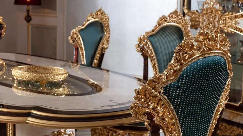 Casa Padrino Luxus Barock Esszimmer Set Weiß / Braun / Blau / Gold - 1 Barock Esstisch & 6 Barock Esszimmerstühle - Barock Esszimmer Möbel - Edel & Prunkvoll