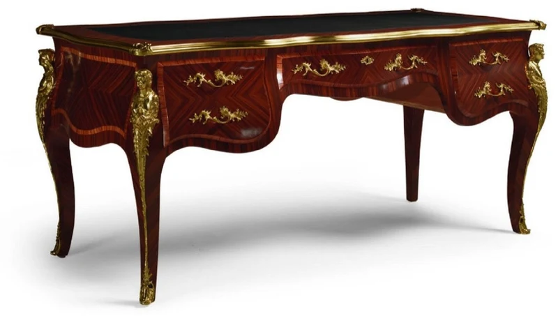 Casa Padrino Luxus Barock Schreibtisch mit 5 Schubladen Dunkelbraun / Schwarz / Gold - Prunkvoller handgefertigter Massivholz Bürotisch - Barock Büromöbel - Luxus Qualität - Made in Italy