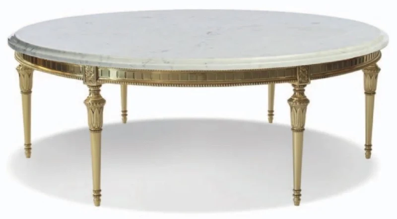 Casa Padrino Luxus Barock Couchtisch Weiß / Gold - Runder Massivholz Wohnzimmertisch mit Carrara Marmor Tischplatte - Barock Wohnzimmer & Hotel Möbel - Erstklassische Qualität - Made in Italy