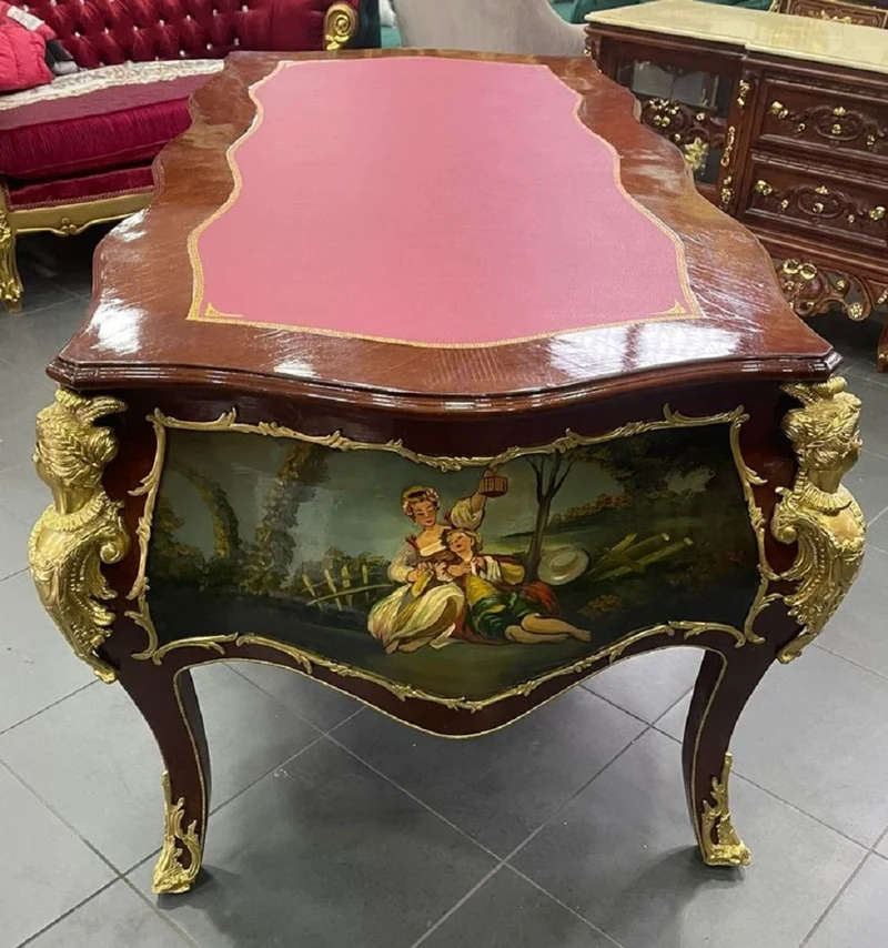 Casa Padrino Barock Massivholz Schreibtisch Braun / Mehrfarbig / Gold / Bordeaux - Prunkvoller Bürotisch im Barockstil - Handgefertigte Barock Büro Möbel