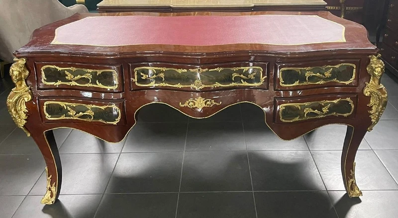 Casa Padrino Barock Massivholz Schreibtisch Braun / Mehrfarbig / Gold / Bordeaux - Prunkvoller Bürotisch im Barockstil - Handgefertigte Barock Büro Möbel