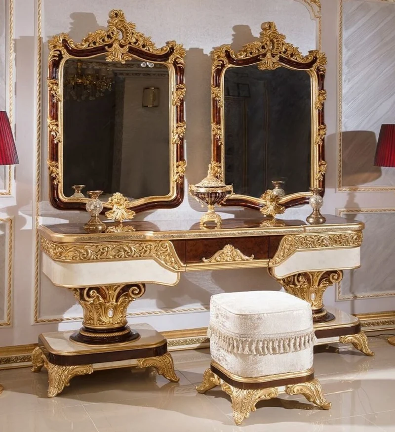 Casa Padrino Luxus Barock Schlafzimmer Set Braun / Weiß / Gold - 1 Barock Schminkkommode & 2 Barock Spiegel & 1 Barock Hocker - Barock Schlafzimmer Möbel - Edel & Prunkvoll
