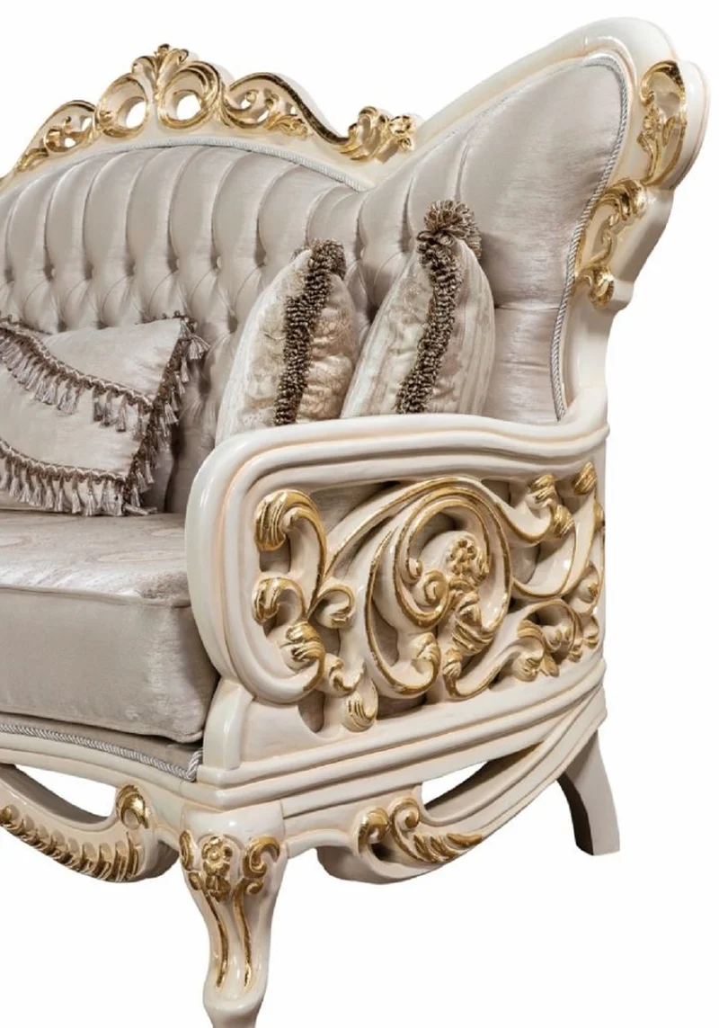 Casa Padrino Luxus Barock Sofa Silber / Weiß / Gold - Handgefertigtes Barockstil Wohnzimmer Sofa mit elegantem Muster - Prunkvolle Barock Wohnzimmer Möbel