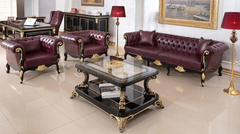Casa Padrino Luxus Barock Chesterfield Sofa Bordeauxrot / Schwarz / Gold - Prunkvolles Wohnzimmer Sofa mit edlem Kunstleder - Barock Chesterfield Wohnzimmer Möbel